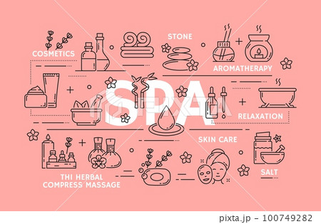 Spa and face beauty, skin health care, massage. Woman beauty salon, skin care cosmetics natural products shop outline icons or symbols with massage stones, hot bath and towels, aromatherapy oils 100749282