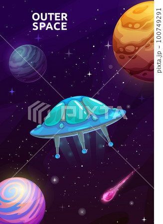 Cartoon UFO in starry galaxy space and alien planets, outer space vector poster. Galaxy exploration and spaceflight adventure to alien extraterrestrial planets and galactic world with fantasy UFO 100749291