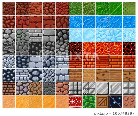 Retro 8 bit pixel surface patterns, stone, brick and wooden box, sand and metal vector tiles. Rock, grass, water, ice and lava in 8bit pixel, pattern backgrounds for arcade game level or platform 100749297