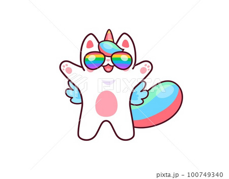 Cartoon cute kawaii caticorn character in rainbow glasses, cat unicorn in sunglasses, vector kids kitty. Cheerful funny caticorn or happy baby kitty unicorn with hug paws in rainbow glasses Cartoon cute kawaii caticorn character in rainbow glasses, cat unicorn in sunglasses, vector kids kitty. Cheerful funny caticorn or happy baby kitty unicorn with hug paws in rainbow glasses 100749340
