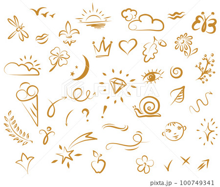 Doodle illustration. Abstract gold childish doodles. Vector graphic elements. Doodle illustration. Abstract gold childish doodles. Vector graphic elements. 100749341