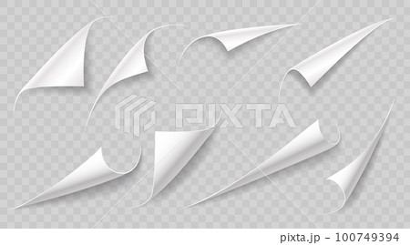 Curly paper page corners, paper sheet turn curls and flips, vector sticker fold edges. Realistic paper page corner curls on transparent background with shadow, paper sheet rolled up peel corners Curly paper page corners, paper sheet turn curls and flips, vector sticker fold edges. Realistic paper page corner curls on transparent background with shadow, paper sheet rolled up peel corners 100749394