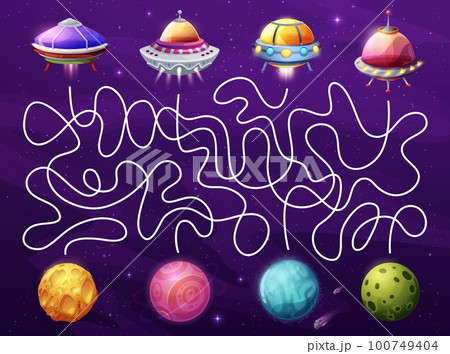 Space labyrinth maze with cartoon UFO and galaxy planets, vector kids game worksheet. Labyrinth maze puzzle to find way for alien UFO saucers to galactic planets on tangled path quiz 100749404