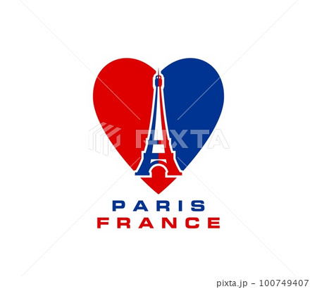 Paris Eiffel tower and heart of France flag, French love vector icon. France travel, city tour or tourism art symbol of Eiffel tower landmark in heart love silhouette, French fashion print for shirt Paris Eiffel tower and heart of France flag, French love vector icon. France travel, city tour or tourism art symbol of Eiffel tower landmark in heart love silhouette, French fashion print for shirt 100749407