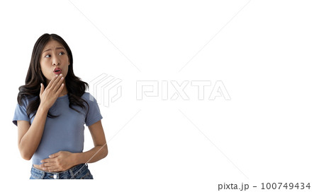Asian woman acting shocked or surprised isolated on a white background, Looking camera, Concept acts according to the emotions and feelings of excitement and shock, White background, Copy space. Asian woman acting shocked or surprised isolated on a white background, Looking camera, Concept acts according to the emotions and feelings of excitement and shock, White background, Copy space. 100749434