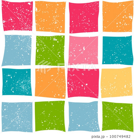 Hand drawn seamless pattern with colorful checks squares, pink blue green orange checkered checkerboard with white texture, mid century modern design style, contemporary abstract geometric print 100749482