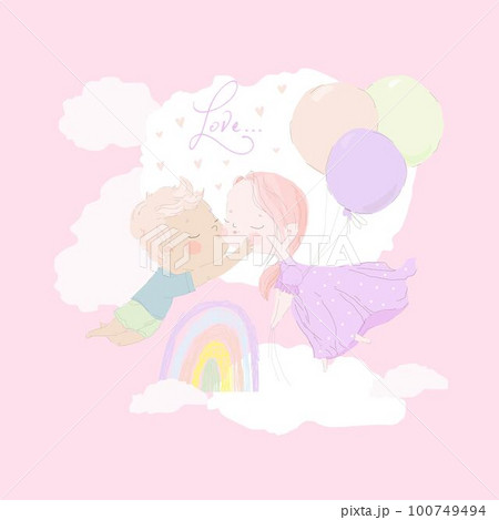 Cute Cartoon Kids kissing in the Sky Cute Cartoon Kids kissing in the Sky 100749494