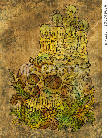 Vintage mystic illustration with occult, esoteric and gothic symbol of candle and skull against old paper textured background, Halloween concept, card with witchraft emblem 100749656