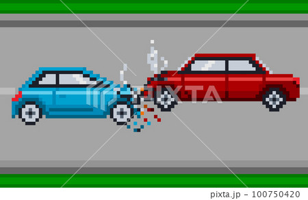 Damaged cars after collision on the road, pixel art illustration. Damaged cars after collision on the road, pixel art illustration. 100750420