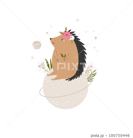 Little cute hedgehog sitting on the moon. Adorable animal vector design, illustration Little cute hedgehog sitting on the moon. Adorable animal vector design, illustration 100750446
