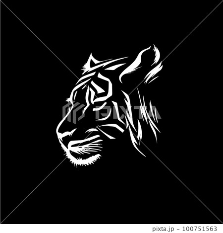 Tiger head dotwork tattoo with dots shading, depth illusion, tippling tattoo. Hand drawing wild animal emblem on black background for body art, minimalistic sketch monochrome logo. Vector illustration Tiger head dotwork tattoo with dots shading, depth illusion, tippling tattoo. Hand drawing wild animal emblem on black background for body art, minimalistic sketch monochrome logo. Vector illustration 100751563