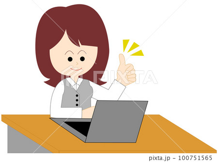 パソコン操作をしながらグッドポーズをする女性会社員 100751565