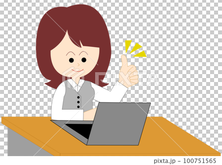 パソコン操作をしながらグッドポーズをする女性会社員 100751565