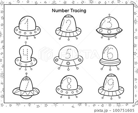 Trace numbers black and white activity page for kids. Space handwriting practice worksheet 100751605