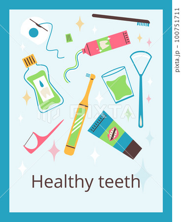 Healthy teeth and dental care banner or poster cartoon flat vector illustration. 100751711