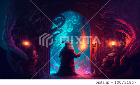 undersized fantasy mage in judenhat with torch in opened doorway, magic fantasygateway, neural network generated art 100751957