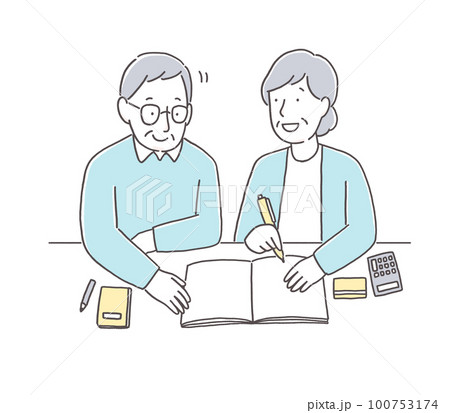 老後について話し合うシニア夫婦 老後について話し合うシニア夫婦 100753174