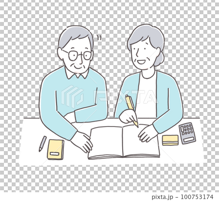 老後について話し合うシニア夫婦 老後について話し合うシニア夫婦 100753174