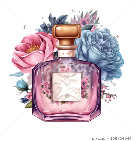 Perfume bottle with flowers. Illustration AI - Stock Illustration
