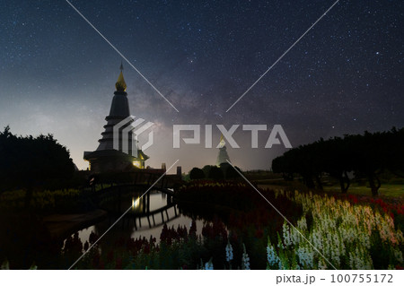 Night sky of moving Milky Way and stars under moon light at Phra Mahathat monuments on Doi Inthanon Night sky of moving Milky Way and stars under moon light at Phra Mahathat monuments on Doi Inthanon 100755172