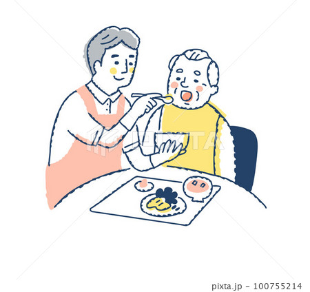 シニア男性の食事介助をしている介護スタッフ 100755214