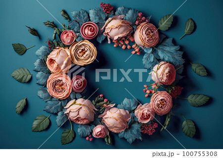 Composition of flowers. A frame of dried pink flowers. Illustration AI Generative 100755308