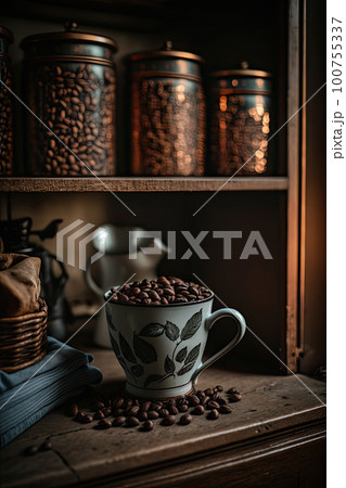 Coffee Beans in a copper mug on a shelf in a rustic kitchen. Illustration AI Generative 100755337