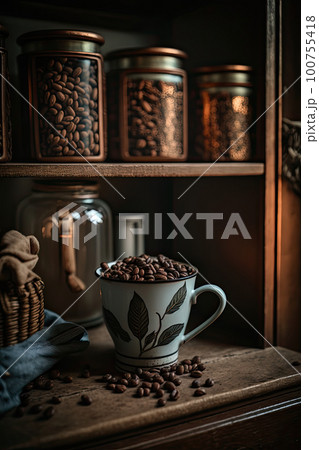Coffee Beans in a copper mug on a shelf in a rustic kitchen. Illustration AI Generative Coffee Beans in a copper mug on a shelf in a rustic kitchen. Illustration AI Generative 100755418