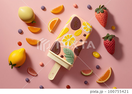 Fruit popsicle with ingredients over pink tile background. Illustration AI Generative 100755421