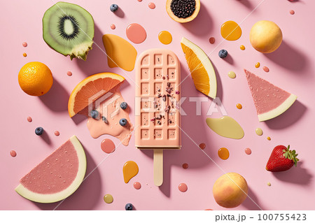Fruit popsicle with ingredients over pink tile background. Illustration AI Generative 100755423