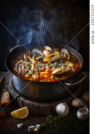 french hot soup Bouillabaisse with clams fish soup. Illustration AI Generative french hot soup Bouillabaisse with clams fish soup. Illustration AI Generative 100755424