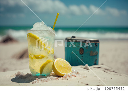 Cold drink with ice and a slice of lemon on the beach. Illustration AI Generative 100755452