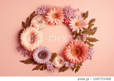 Composition of flowers. A frame of dried pink flowers. Illustration AI Generative Composition of flowers. A frame of dried pink flowers. Illustration AI Generative 100755466