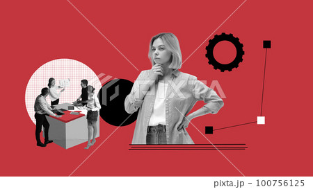 Employees working together with new projects. Manager controlling work. Deadlines. Innovative approach. Contemporary art collage. Conceptual design. Employees working together with new projects. Manager controlling work. Deadlines. Innovative approach. Contemporary art collage. Conceptual design. 100756125