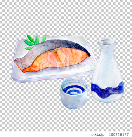 Sake and salmon evening drink set watercolor illustration 100756177