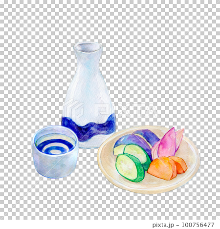 日本酒と漬物　晩酌セット　水彩イラスト 100756477