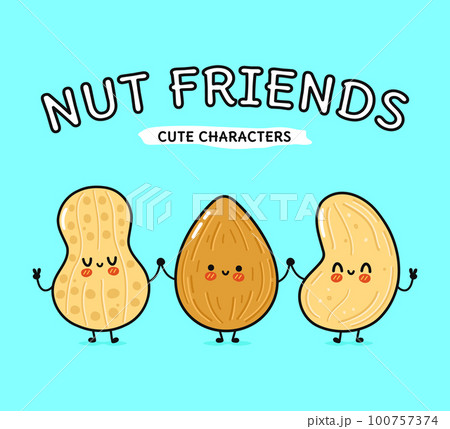 Cute, funny happy almonds, peanuts and cashews nut. Vector hand drawn cartoon kawaii characters, illustration icon. Funny happy cartoon almond, peanut and cashew nut mascot friends concept 100757374