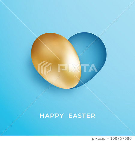 Realistic golden egg with heart shaped shadow on blue background. Minimalist style happy Easter banner 100757686