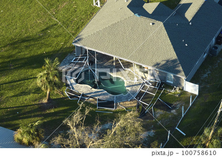 Hurricane Ian destroyed house in Florida residential area. Natural disaster and its consequences Hurricane Ian destroyed house in Florida residential area. Natural disaster and its consequences 100758610