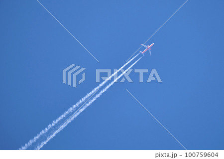 Distant passenger jet plane flying on high altitude on clear blue sky leaving white smoke trace of contrail behind. Air transportation concept 100759604