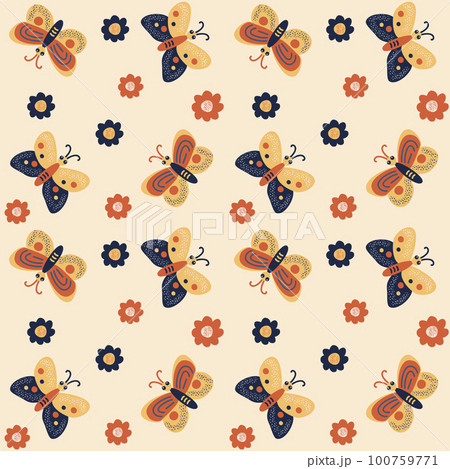 Seamless pattern of multicolored butterflies. Insects among flowers. Vector illustration in cartoon style. Seamless pattern of multicolored butterflies. Insects among flowers. Vector illustration in cartoon style. 100759771