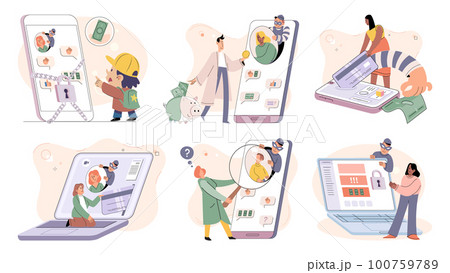 Hacker activity big set. Hacking computer. Phishing account, cyber attack on personal data 100759789