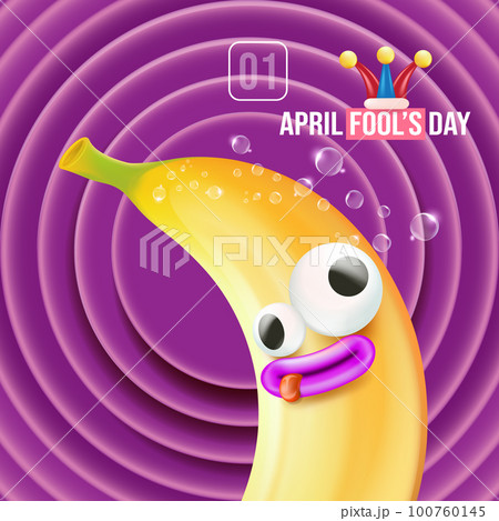 April Fools day funky square banner with silly banana character isolated on violet cartoon comic background. 1 st april fool day banner, poster, label, flyer and greeting card 100760145