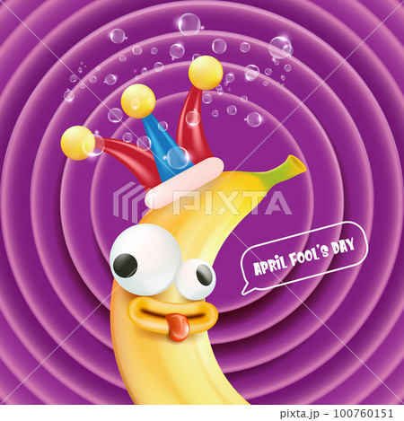 April Fools day funky square banner with silly banana character isolated on violet cartoon comic background. 1 st april fool day banner, poster, label, flyer and greeting card 100760151