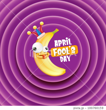 April Fools day funky square banner with silly banana character isolated on violet cartoon comic background. 1 st april fool day banner, poster, label, flyer and greeting card 100760159