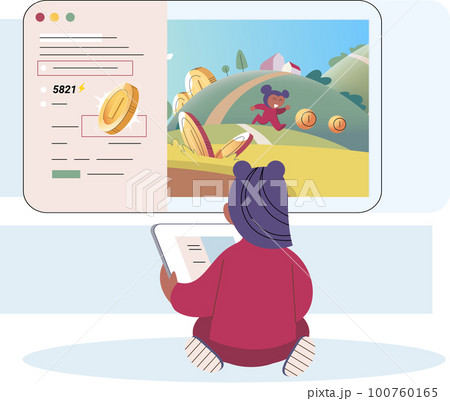 Play to earn concept with girl playing computer game with character runs in forest for coins 100760165