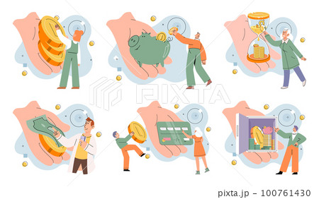 Golden coins pile, magnet and money. Financial literacy metaphor for passive income vector set 100761430