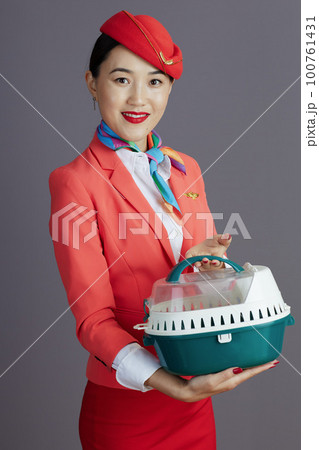 happy stylish asian female flight attendant isolated on gray 100761431