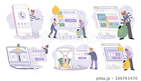 Hacker activity big set. Hacking computer. Phishing account, cyber attack on personal data Hacker activity big set. Hacking computer. Phishing account, cyber attack on personal data 100761470