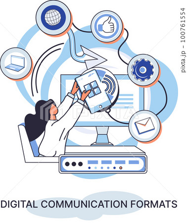 Digital communication formats metaphor, content with online data and social media streaming, mobile app 100761554
